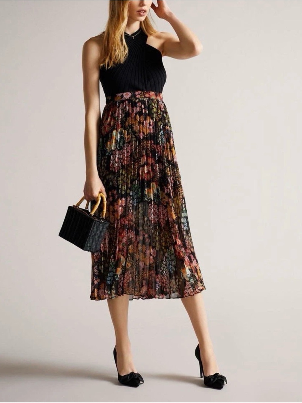 TED BAKER Aquila Cross Front Pleated Knit Bodice Dress In Black Ted’s 3 US 6/8